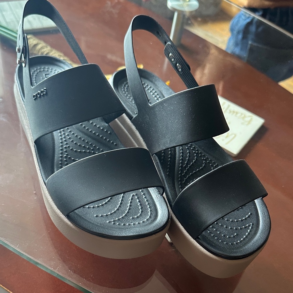 CROCS Black and Tan Platform Sandals